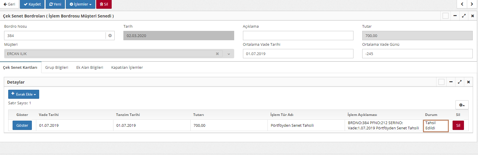 portföyden senet tahsili